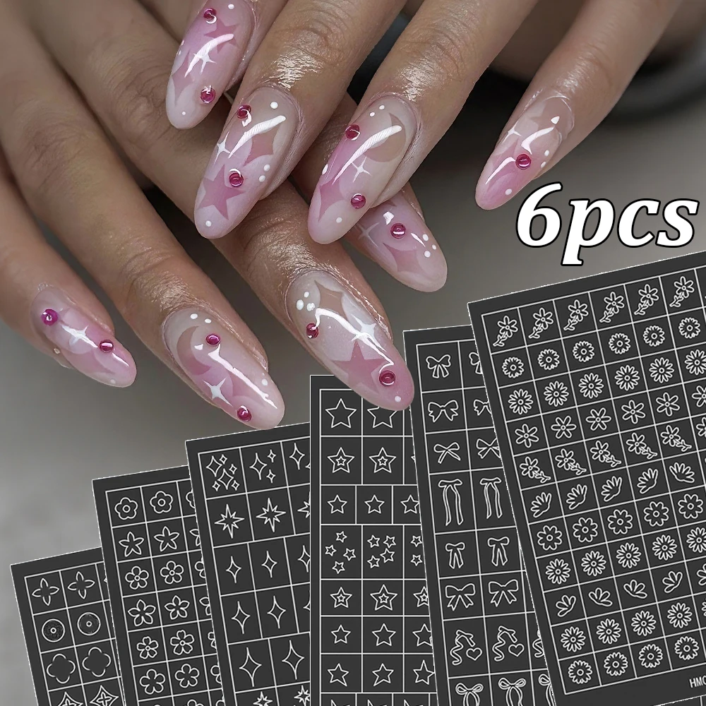 6sheet Hollow Star bowknot Airbrushed Nail Stickers Flower Bow Rectangle Nail Stickers Korean Style Template Nail Decals Tools