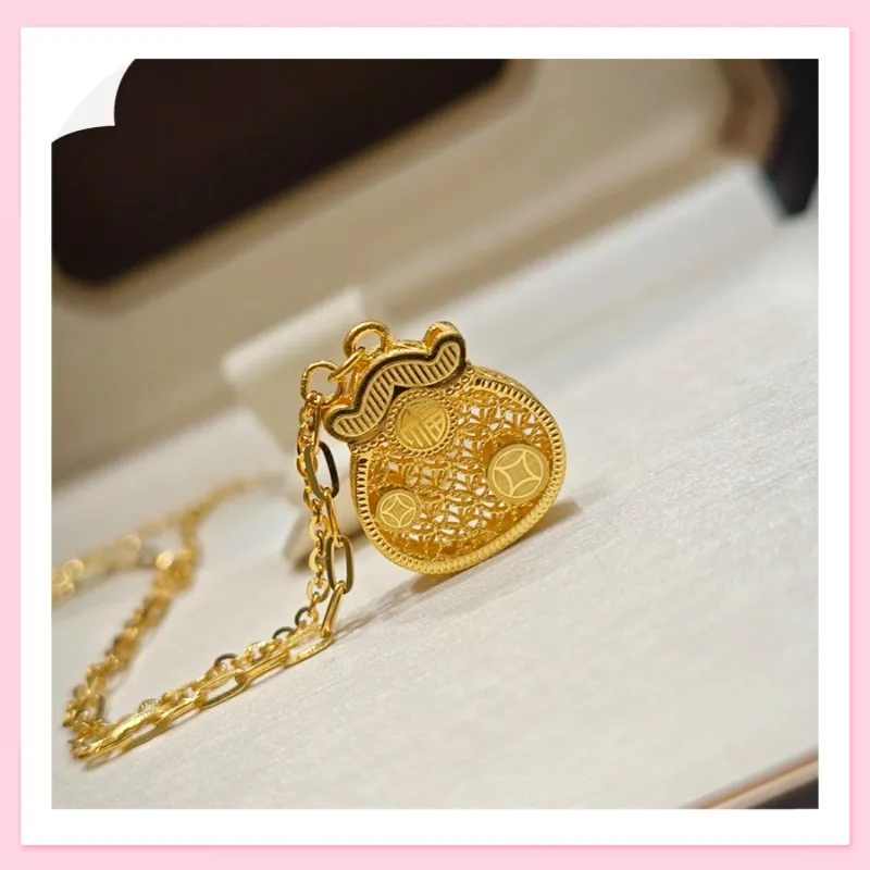 Colar Feminino Zhoujia Jindian com Pingente de Bolsa da Sorte Fulu Vazado Banhado a Ouro, Estilo Guochao, para Clavícula
