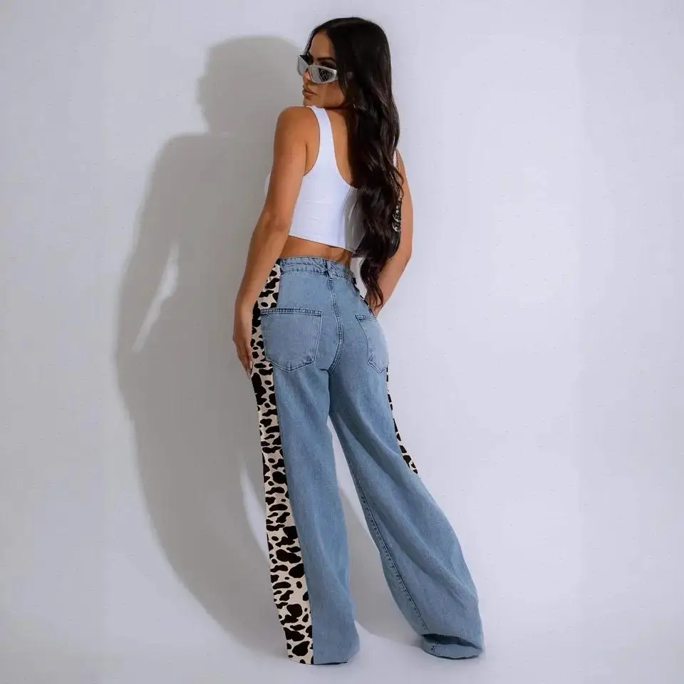 Full Length Jeans Women Straight Jean Spliced Patchwork Loose High Waist Casual Summer Pockets Distressed Washed Zipper Fly