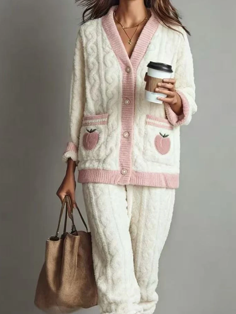 

Модные простые осенне-зимние наряды, повседневные теплые комплекты домашней одежды из кораллового флиса, элегантная женская ночная рубашка с фруктовым принтом из двух предметов