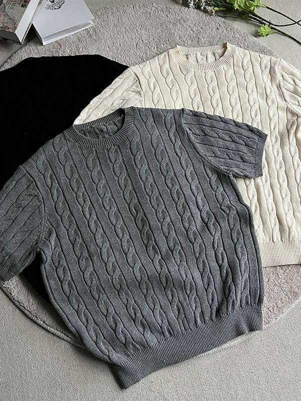 American Retro Twisted Knit Short Sleeve Men's Summer High-End Loose Half Sleeve Top Versatile T-Shirt for Teenagers