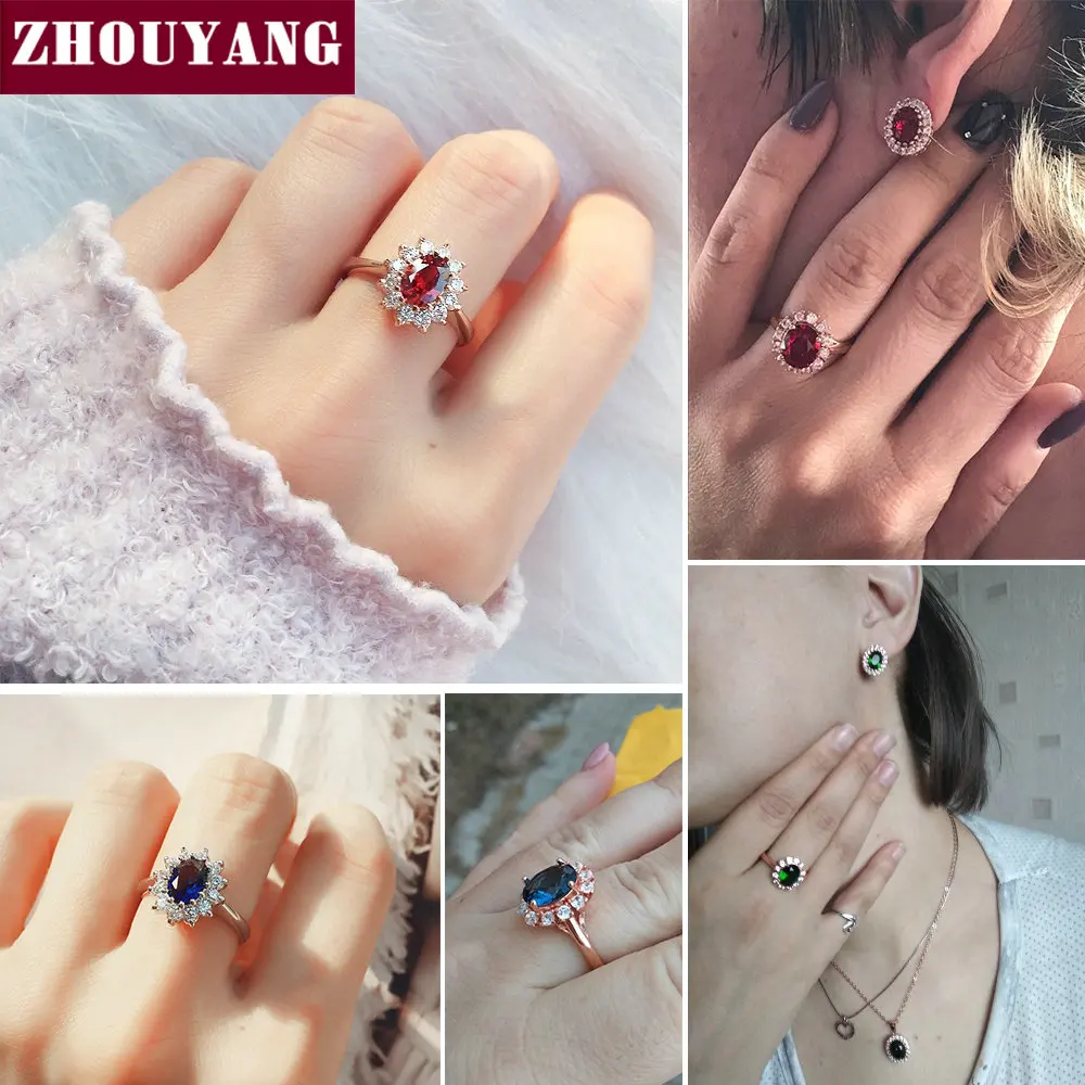 Zhouyang-女性のための赤いクリスタルのリング、フィンガージュエリー、エレガント、婚約、結婚式、ローズゴールドカラー、アストリアルなクリスタル、ファッション、zyr187