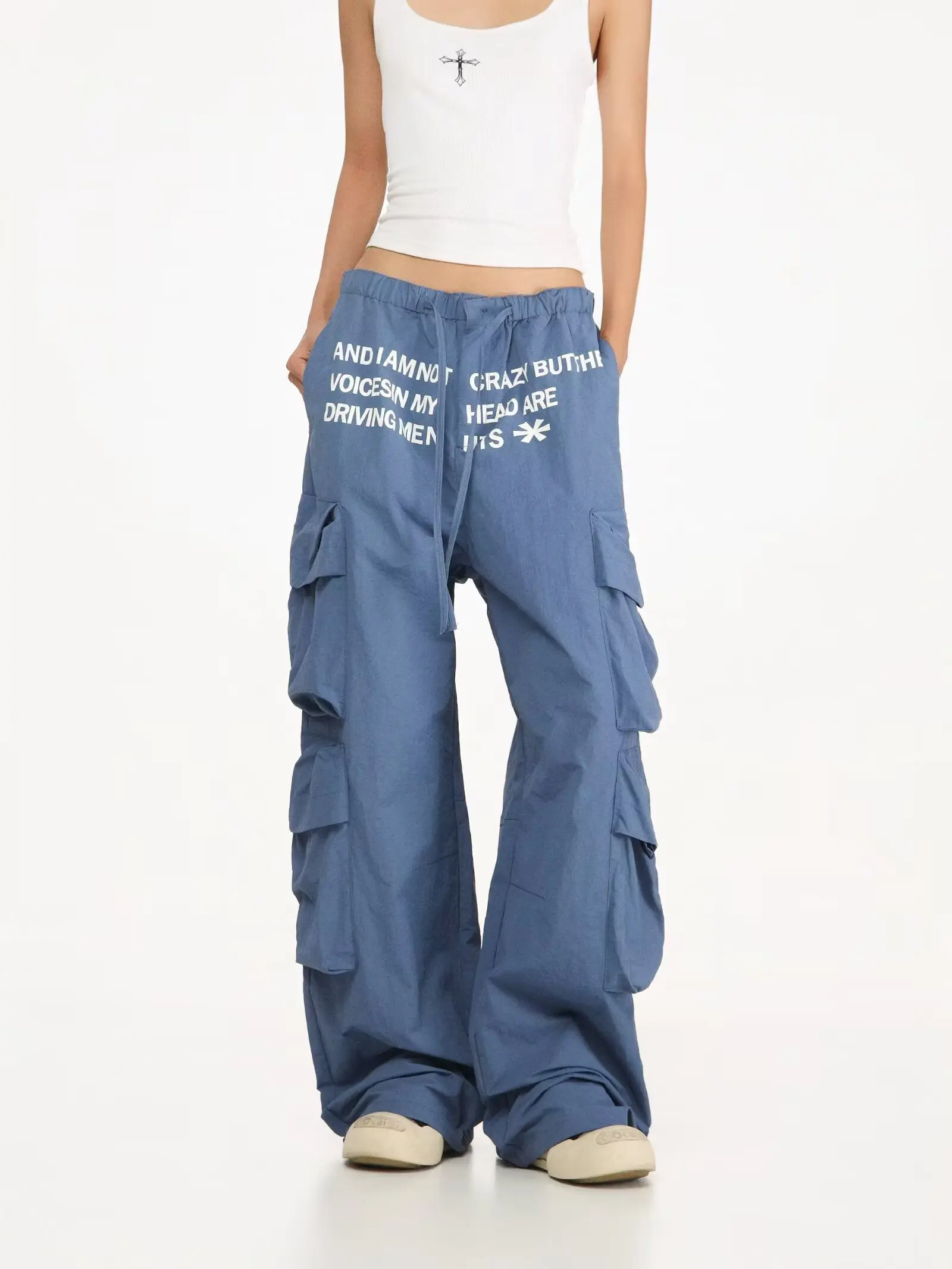 Summer Thin American Style Letter Print Work Pants Unisex Streetwear Multi-Pocket Trendy Casual Trousers for Couples