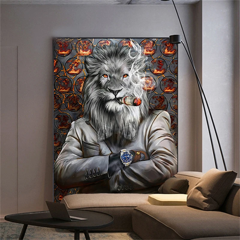 Canvas Painting with Frame The Rich Businessman Mr Lion King Smoking Dollar Cigarette Luxury Animal Wall Art Picture Home Decor