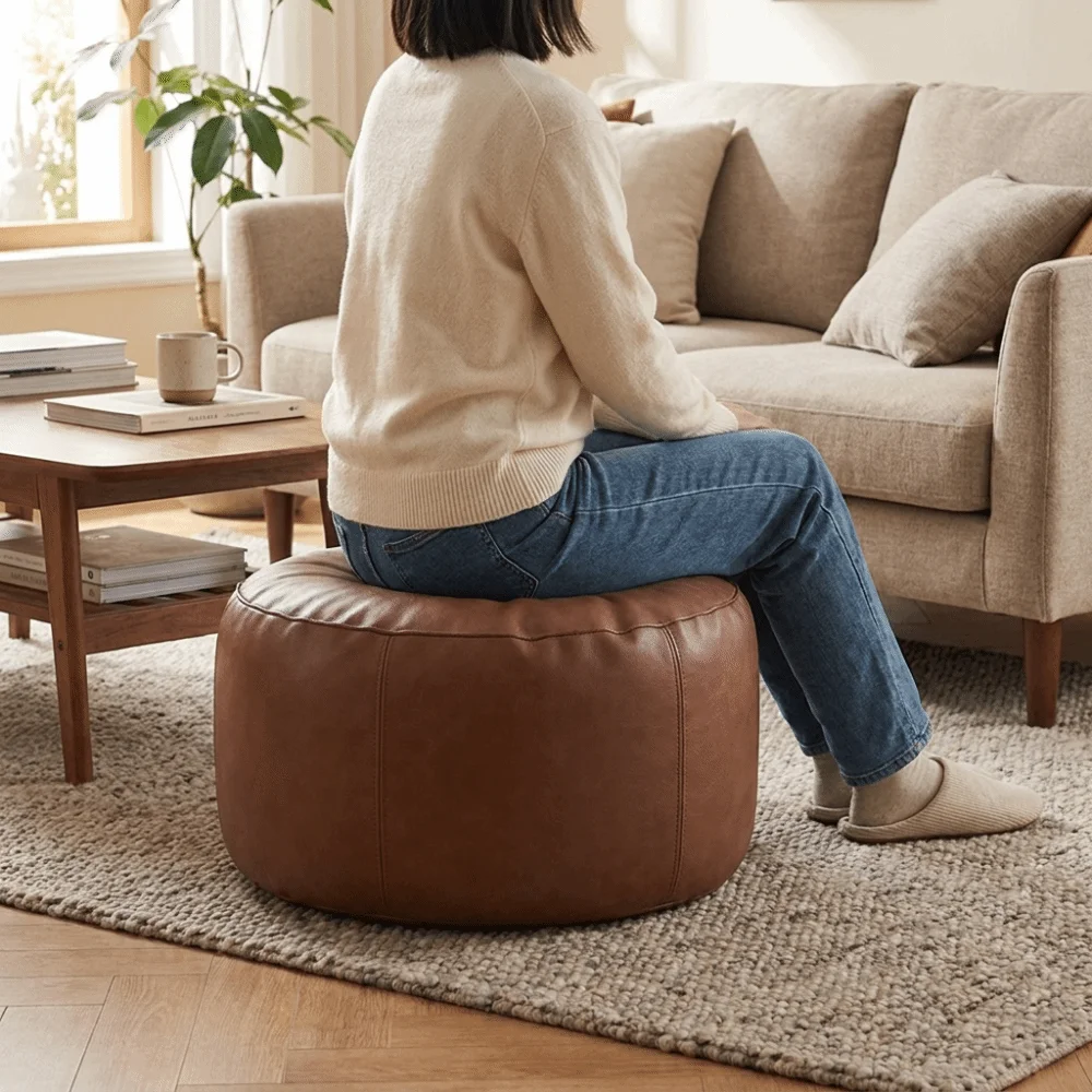 PU Leather Pumpkin Pouf Cover Non-Slip Unstuffed Pouf Cover Large Capacity Minimalist Seat Cushion Cover Bedroom