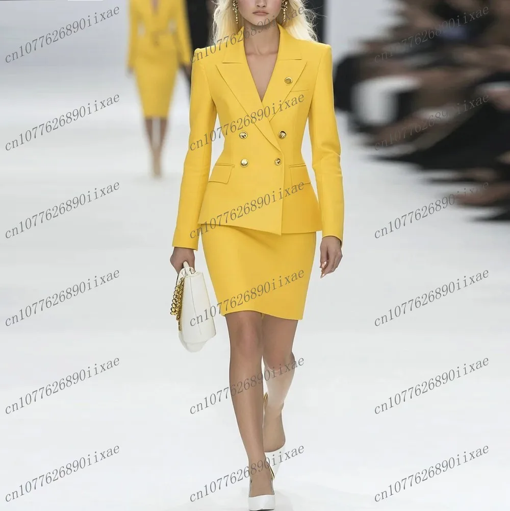 

Yellow Blazer And Skirt Women Suits Lady Formal Occasions Business Tuxedos Mother Wedding Party Ladies 2 Piece Set Jacket Skirt
