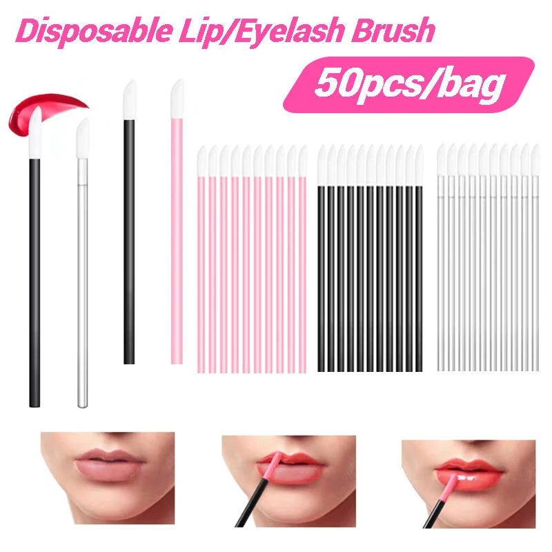 50pcs Disposable Lip BrushesHollow Rod Lip Brush Eyelash Cleaning Cotton Swab Cotton Swab Mouth Red Lip Brush Lip Color Oblique