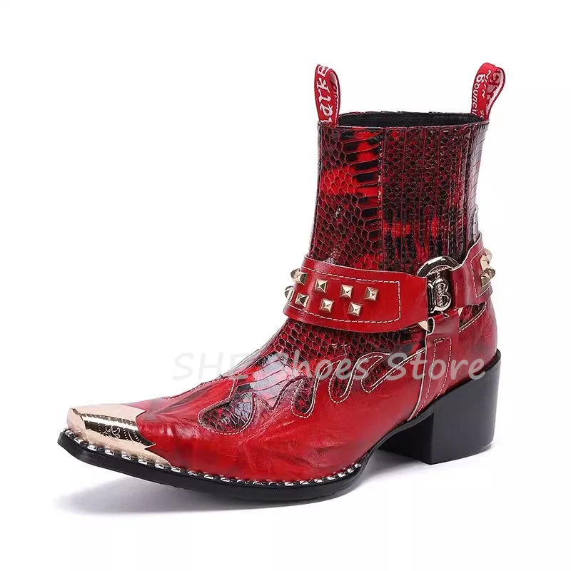 Punk Style Rivets Ankle Leather Splicing Boots for Men Pointed Toe Chunky Heel Western Cowboy Boots Male Leisure Chelsea Boots