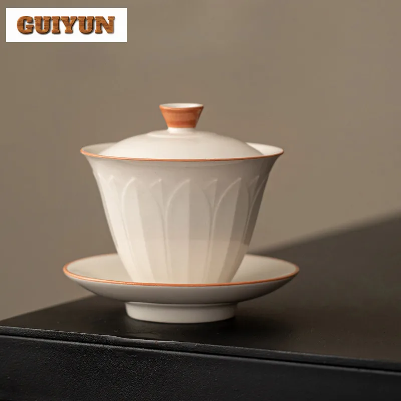 

130 мл Рельефная чаша для чая Lotus Gaiwan с растениями и крышкой, чаша для заваривания чая, китайский чайный сервиз, украшение