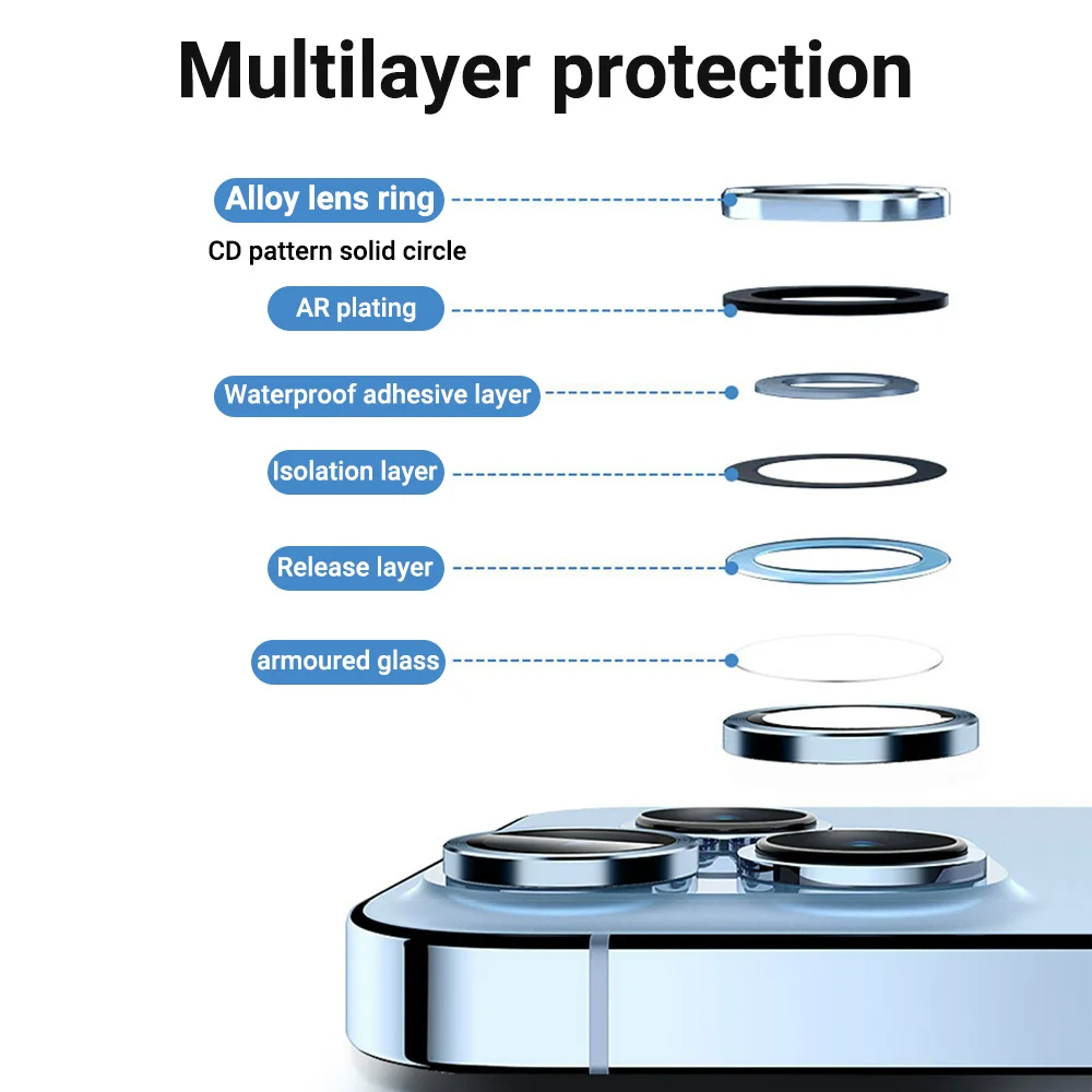 Protetor de lente de metal 3D para iPhone, Vidro de cobertura completo, 16 Pro Max, 14, 15, 12, 13, 11 Pro Max, 14, 15 Plus, 13 Mini, 15Pro