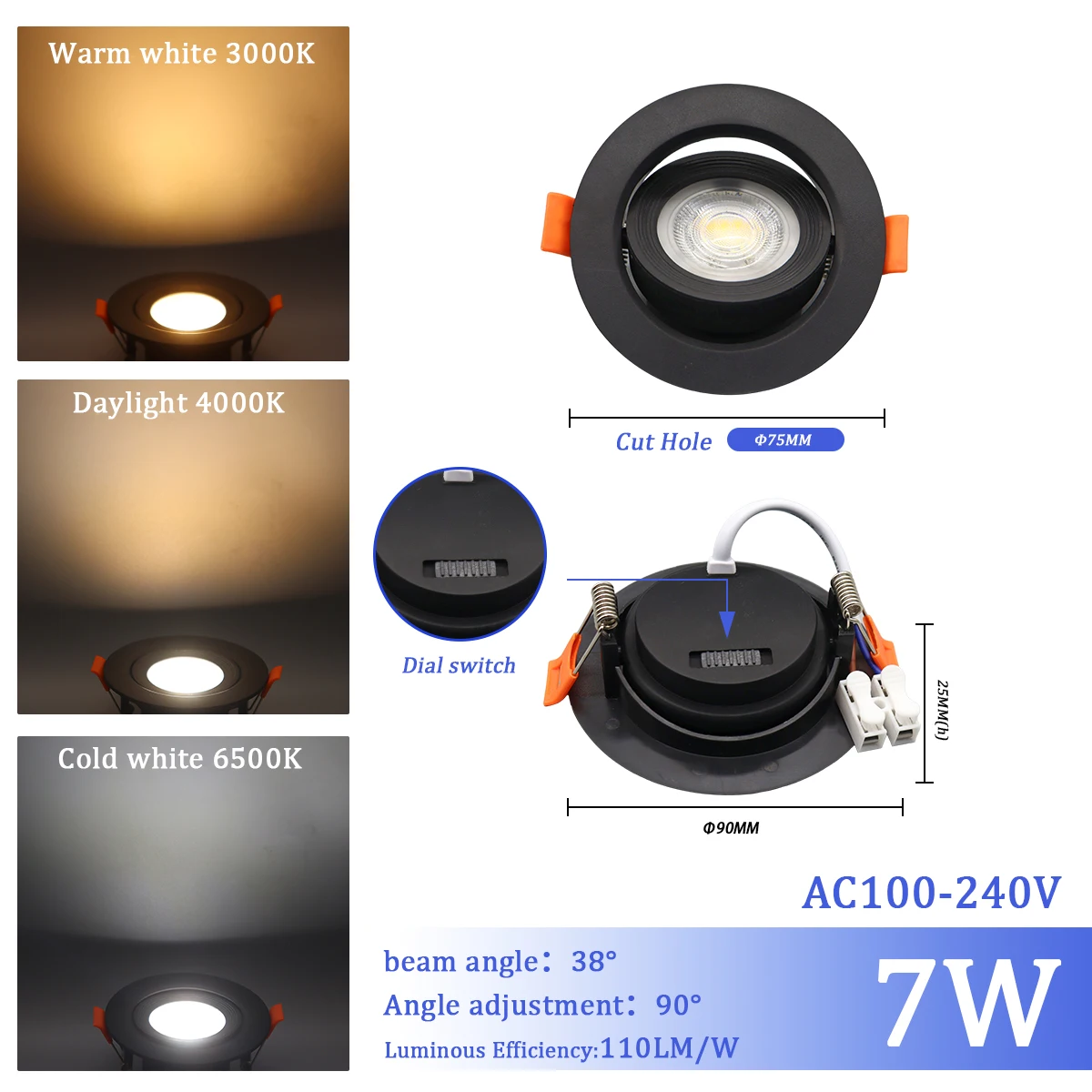 1-10 stks LED Kleurverandering 3 CCT 3000 K 4000 K 6000 K LED Plafondspot ingebed licht 7 W AC 110 V 220 V Aanpassen 90 °   verlichting Spot