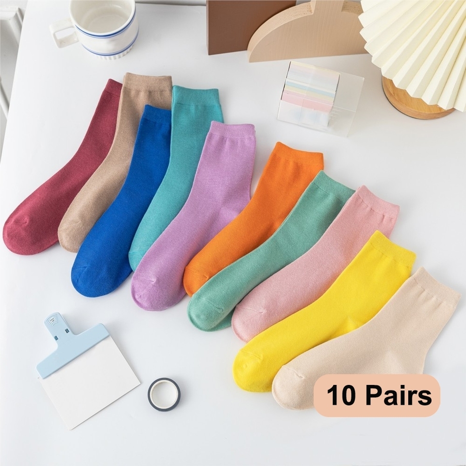  10 Pairs/Lot New Woman Cotton Socks Men Sock Solid Color Autumn Spring For Female's Soft Breathable Colorful Girl 