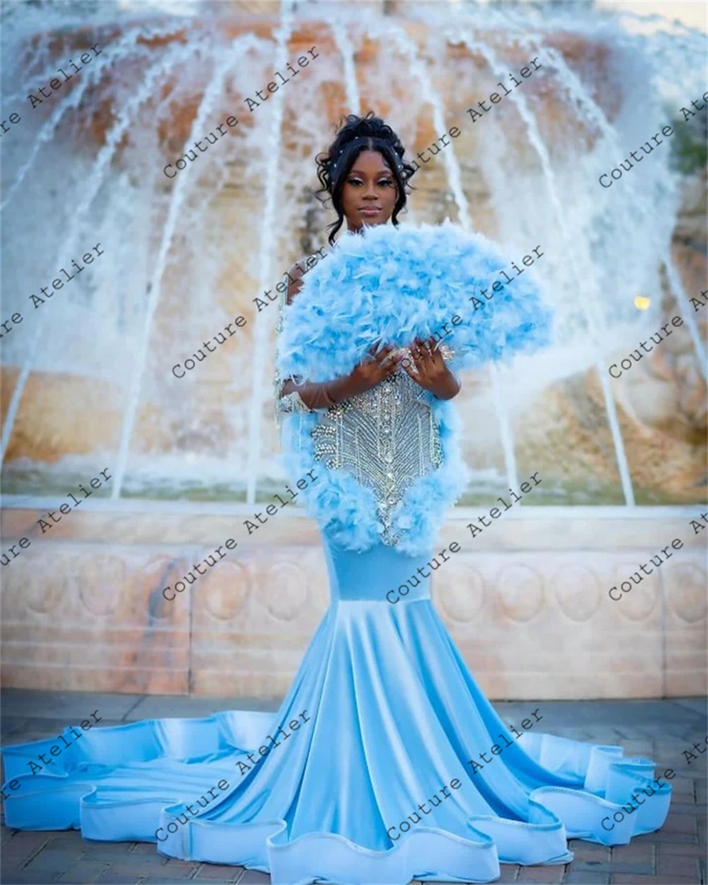 Ice Princess Blue Velvet Feathers Rhinestone Prom Dress Blackgirls Mermaid Dresses For Special Occasions Party Gowns Customized
