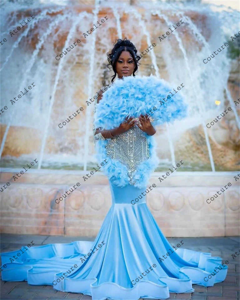 white wedding beach dress Sky Blue Princess Mermaid Evening Gowns with Sweep Train Short Sleeve main image 0