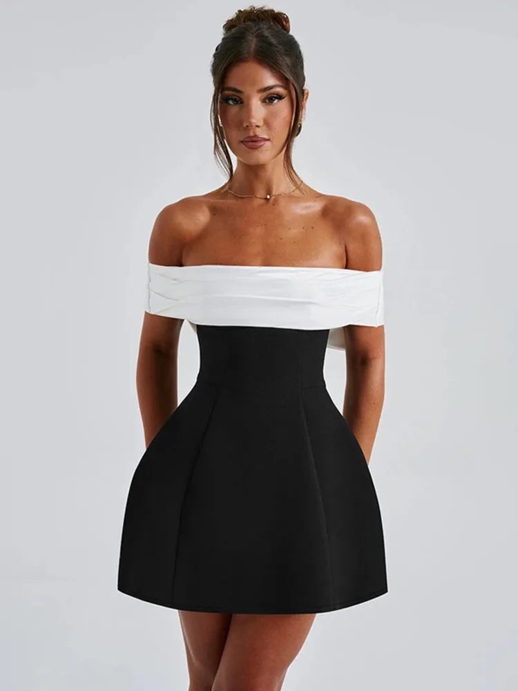 Mozision Off-shoulder Backless Sexy Mini Dress For Women Fashion Strapless Sleeveless High Waist A-line Club Party Dress Elegant