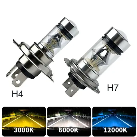 100W H4 H7 슈퍼 브라이트 Led 자동차 주간 주행 안개등 램프, 화이트 6000K 자동 헤드라이트, 하이 로우 빔 전구, 20Smd, 2 개