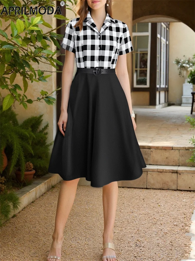 Elegant Black Vintage Summer Runway Pinup Dresses with Belt V Neck 50s Style A Line Patchwork Plaid Print Solid Short Prom Dress