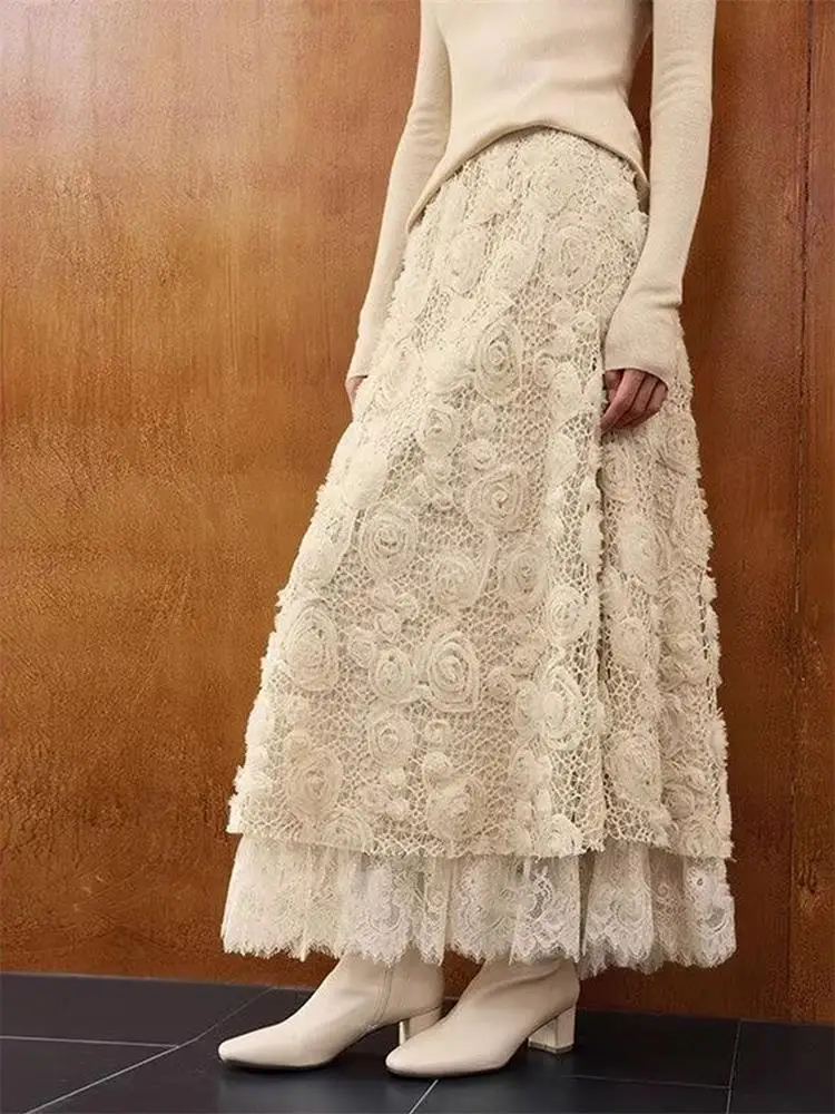 

Сухой и нежный цвет чая с молоком, 3D полое кружево, многослойная юбка трапециевидной формы с высокой талией, повседневная корейская версия