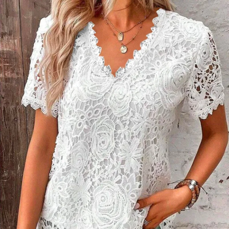 Summer Women\'s 2024 New Pullover V-neck Spliced Lace Hollow Out Jacquard Slim Fit Solid Color Fashion Elegant Short Sleeved Tops