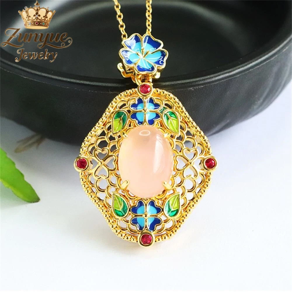 

High-End Natural Rose Quartz Enamel Colored Gemstone Pendant Luxury Quality Fashion Jewelry Exquisite Elegant Popular Charms