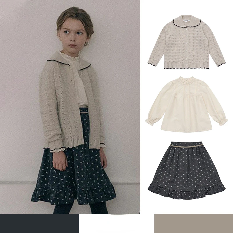 Girls Short Skirt Set 2024 Autumn Winter New Girls Wool Doll Collar Cardigan Small Stand Collar Shirt Baby Girl Floral Skirt