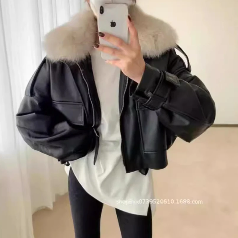 Women Coat Shearling Faux Leather Casual Short Jacket Y2k Jackets Faux Fox Fur Collar Long Sleeve Zipper Street Coats Winter