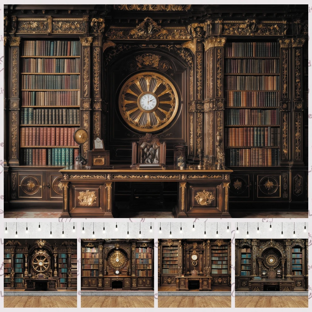 Retro Bookshelf Photography Backdrop Library Big Ben Students Learning Back To School Party Decoration Photo Background Studio