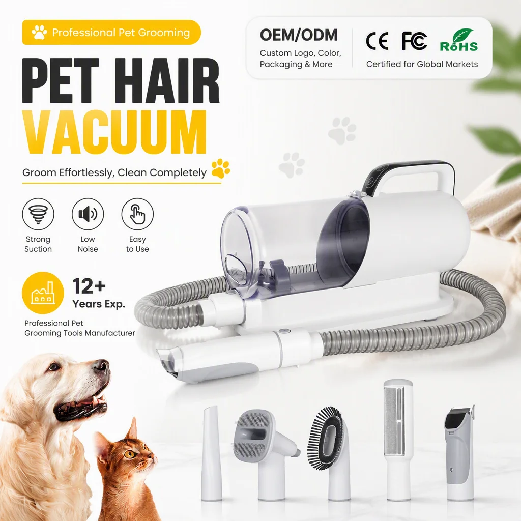 7-in-1 Multi-functional Pet Grooming Kit & Vacuum 1.4m Hose 2L Detachable Dust Cup Dog Cat Hair Trimmer Clipper Shaver Set ABS