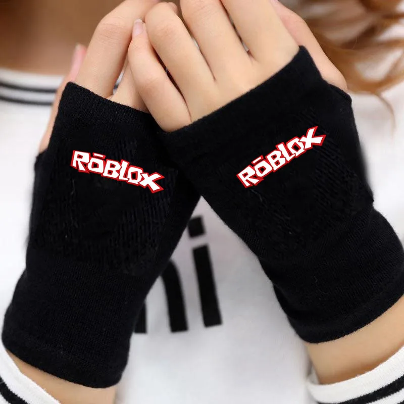 

Hot ROBLOXS Warm Thick Knitted Cartoon Printed Peripheral Half Finger Gloves Winter Study and Work Exposed Finger Gloves Gifts