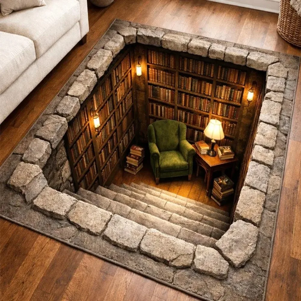 2D-Illusions-Teppich mit Bücherregal- und Treppenmotiv, Bibliotheks-Lochmuster-Bodenmatte für Wohnzimmer und Schlafzimmer, Rutschfester Teppich für Buchliebhaber, Wohndekoration