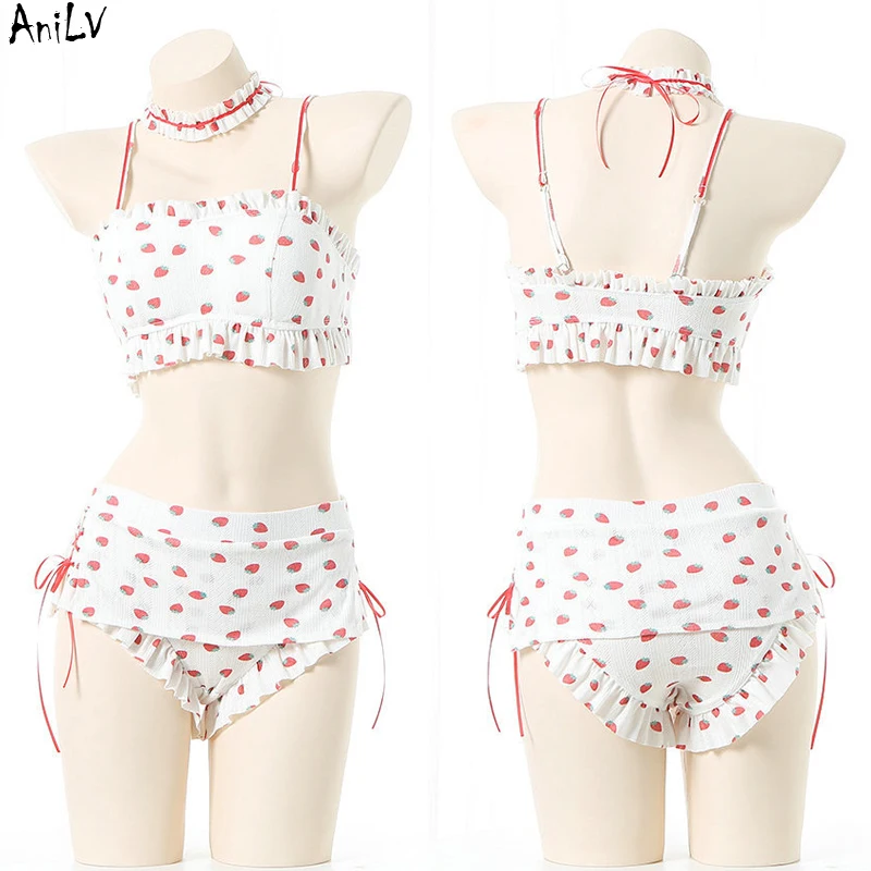 AniLV Pool Party Girl Anime Strawberry Cute Bikini Swimstuit Beach Swimwear Women Pajamas Unifrom Outfits Costumes Cosplay