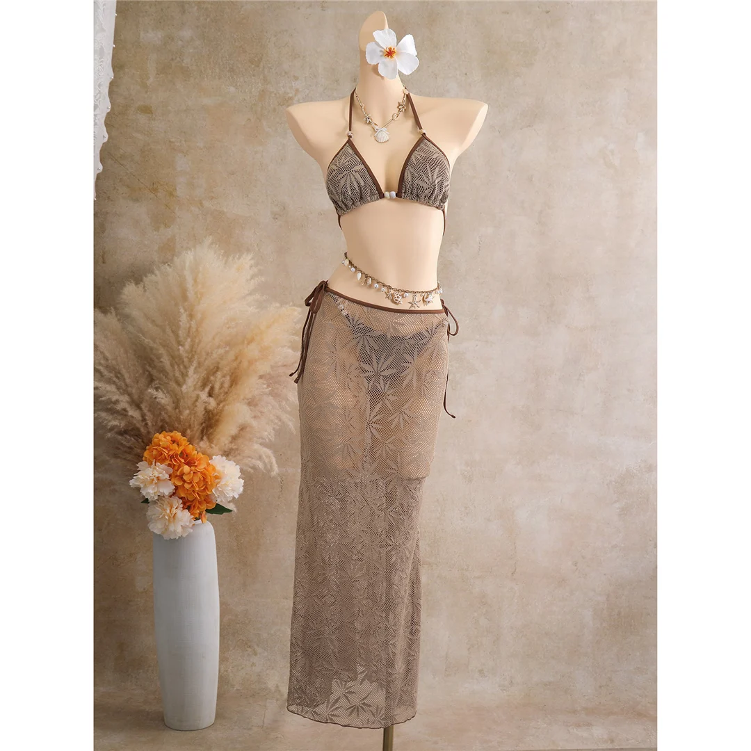 Mit Rockblättern bedruckter Neckholder-Bikini, Damen-Badeanzug, dreiteiliges Bikini-Set, Badebekleidung, Badeanzug, Schwimmbekleidung V8419 – Detail 10