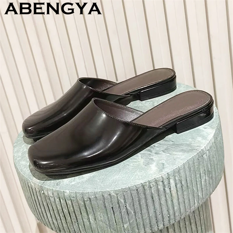 

Genuine Leather Round Wrap Toe loafers Slippers Women Casual Comfort Flat Slippers Summer Slip on Mules Shoes Zapatos Mujer