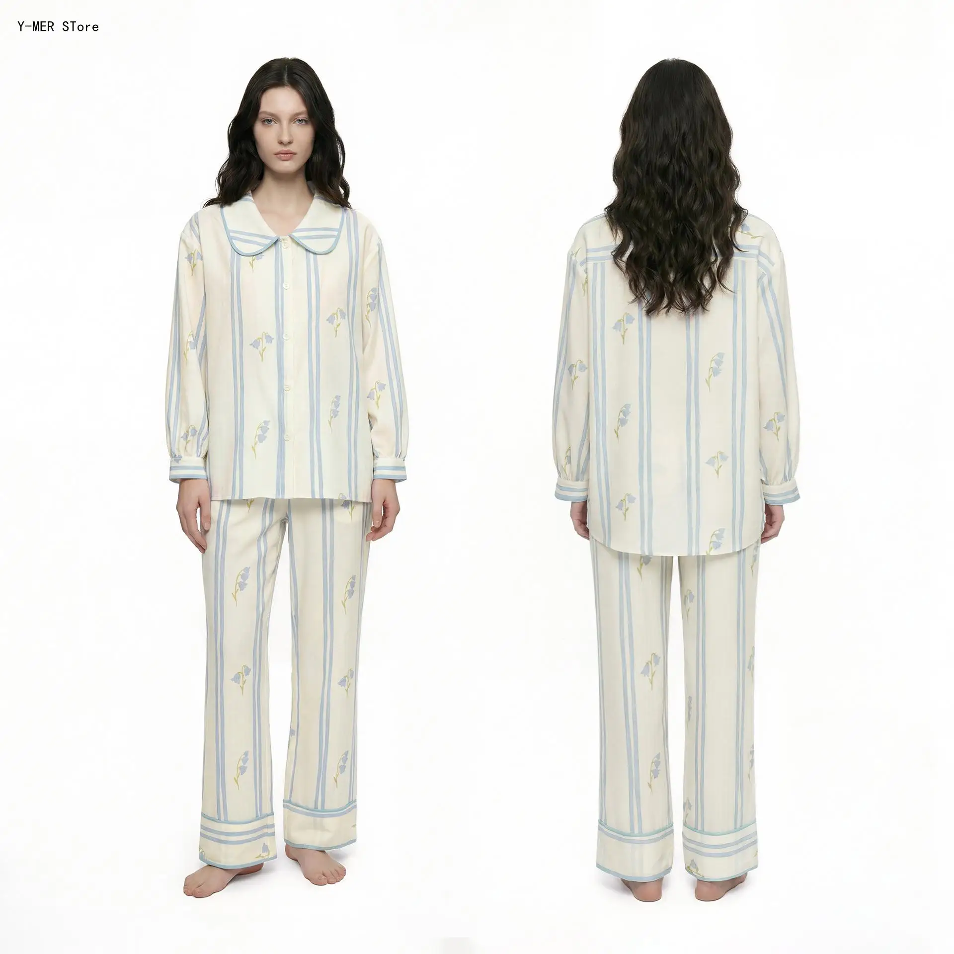 New Autumn Women Striped Floral Cute Lapel Pajama Set Long Sleeve Shirt & Pants Comfy Casual Home Sleepwear Nightwear