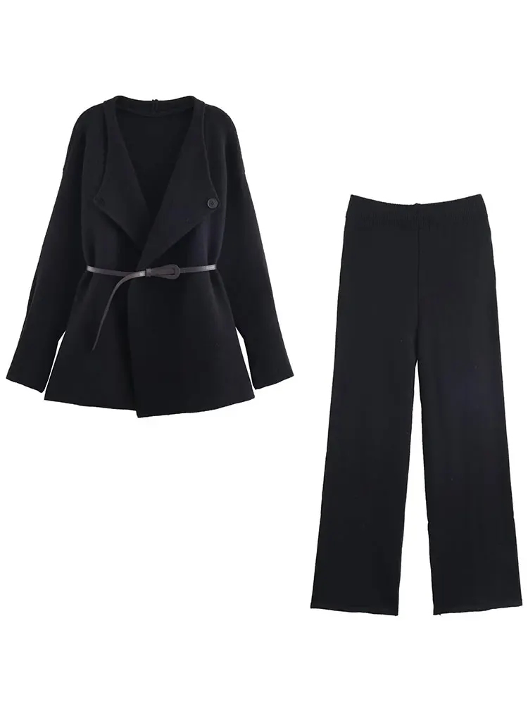 HH المرأة عادية الصلبة محبوك مجموعات طويلة الأكمام سترة معطف مع حزام مرونة الخصر سليم مستقيم السراويل الخريف مكتب سيدة الدعاوى