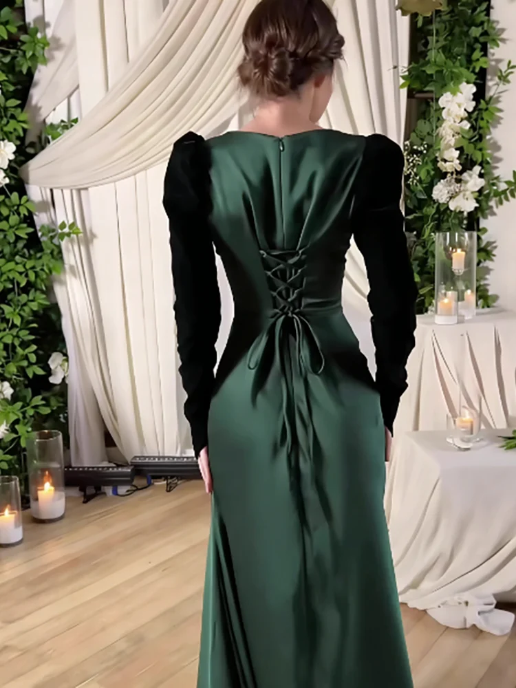 Fall Bandage Slim Dress Vintage Elegant Color Blocked Long Sleeve Dress Temperament Square Collar High Waist Satin Evening Dress