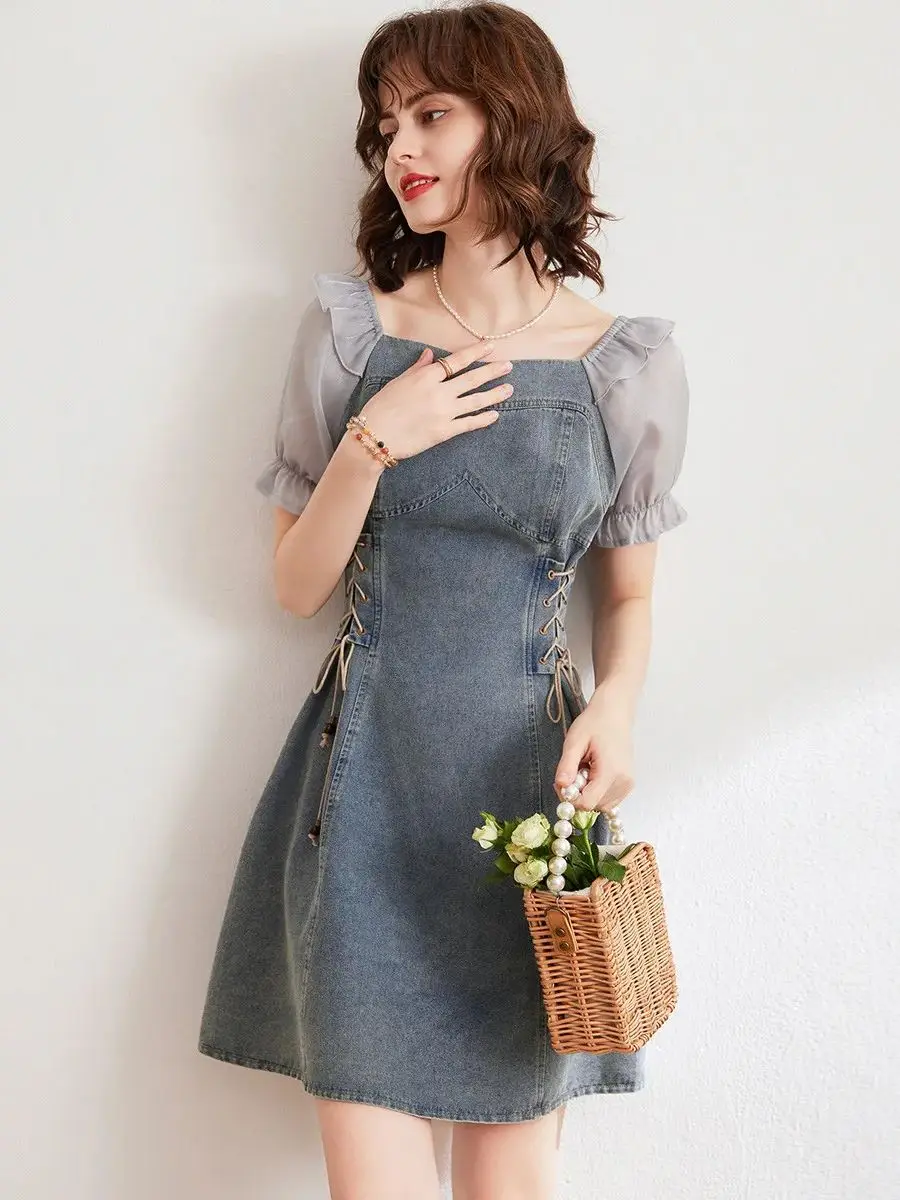 LOUIS YAO Denim Dress for Women 2024 Summer Fashion Drawstring Tie Square Neck Short Sleeve Sweet Short Denim Dress