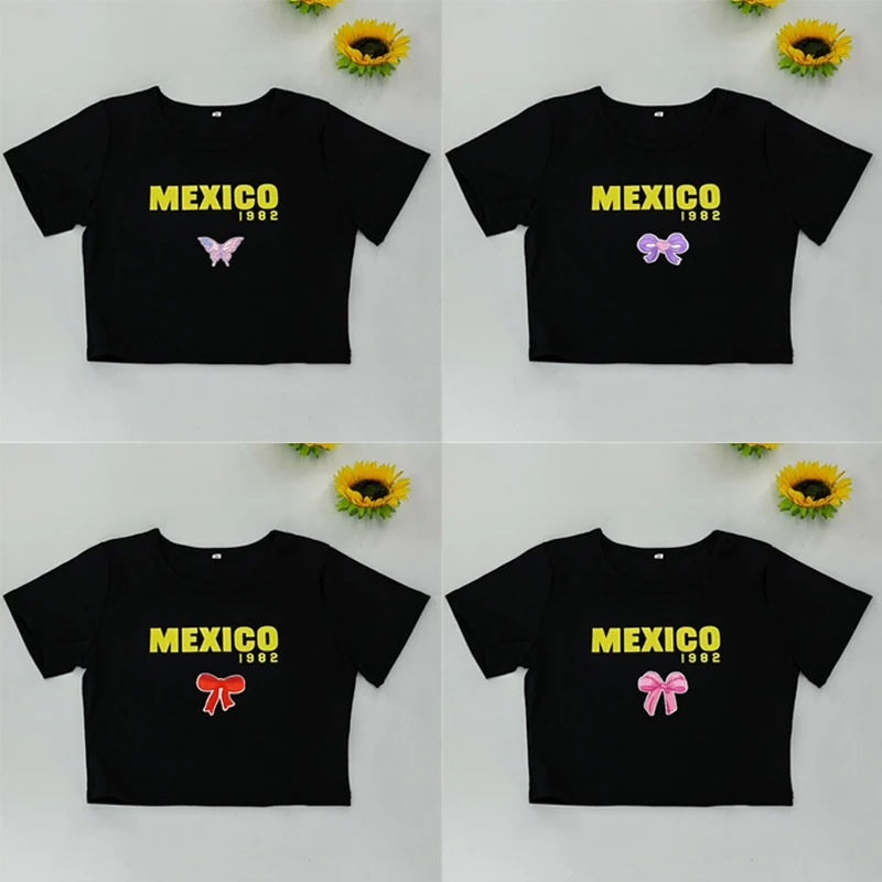 

2025 Summer Mexico Embroidery Short Sleeve O-Neck Crop Tops Cute T-Shirt Women Black Tshirts Lady Slim Soft Casual Fashion Tops
