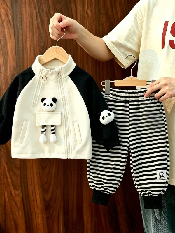 Cute Girl's 2026 Autumn Fashion Cartoon Panda Long Sleeve Top And Striped Pants Two-Piece Set Warm Casual Sportswear for Kids