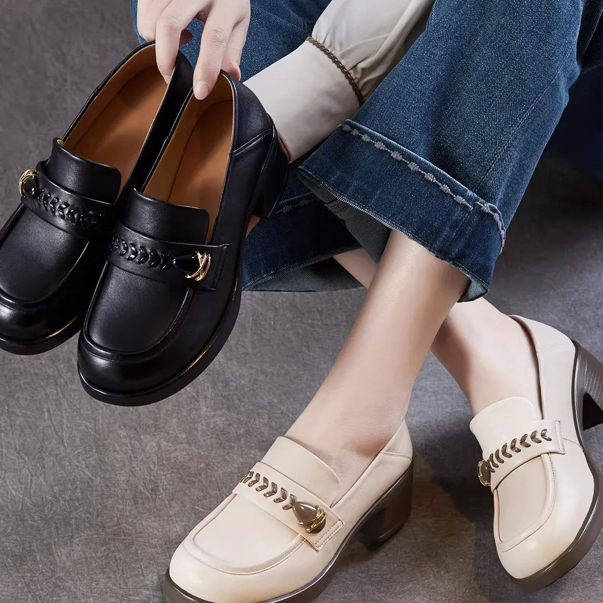 

Genuine Leather Sheepskin Women's Loafers mid Heel Chunky Sole Fashion Single Shoes Comfortable round Toe Wood Bottom Flats