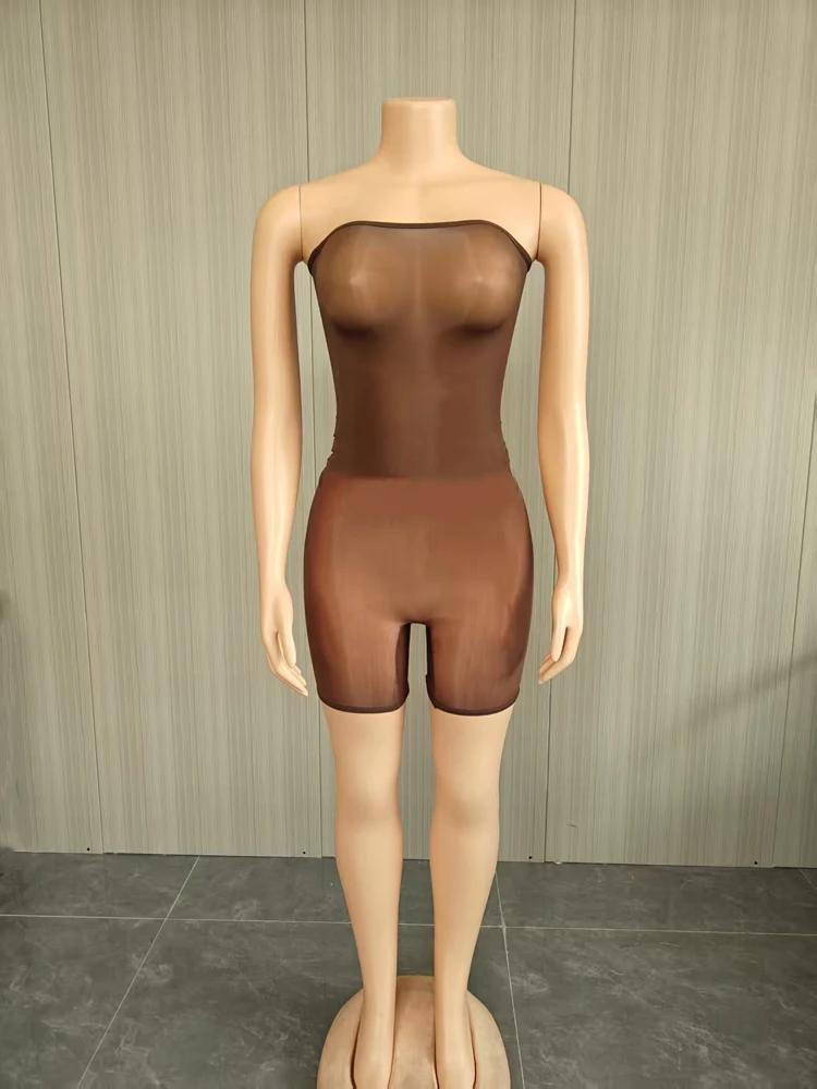 JENYAGE Damen trägerloser, hochtaillierter, durchsichtiger Netz-Overall, figurbetonter, eng anliegender Shorts-Jumpsuit, sexy Nachtclub-Party-Outfit, Schwarz – Detail 5