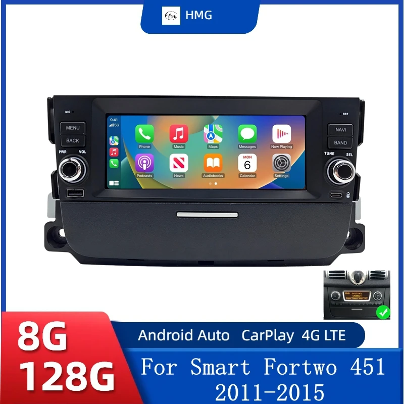 HMG Kabelloses CarPlay Android Auto Radio für Smart Fortwo 451 2011 - 2015 Auto-Intelligenzsysteme RDS BT DSP 2-DIN-Autoradio