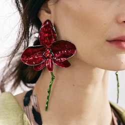 Vintage Metal Wine Red Enamel Drip Glaze Large Fower Earrings for Women Charm Exaggerated Wedding Jewelry Gift