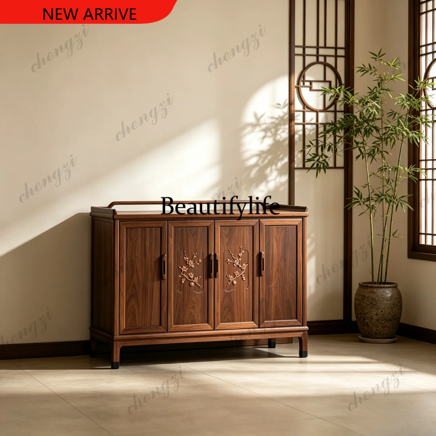 New Chinese-style solid wood dining side cabinet, living room locker opposite door plum blossom engraving storage cabinet