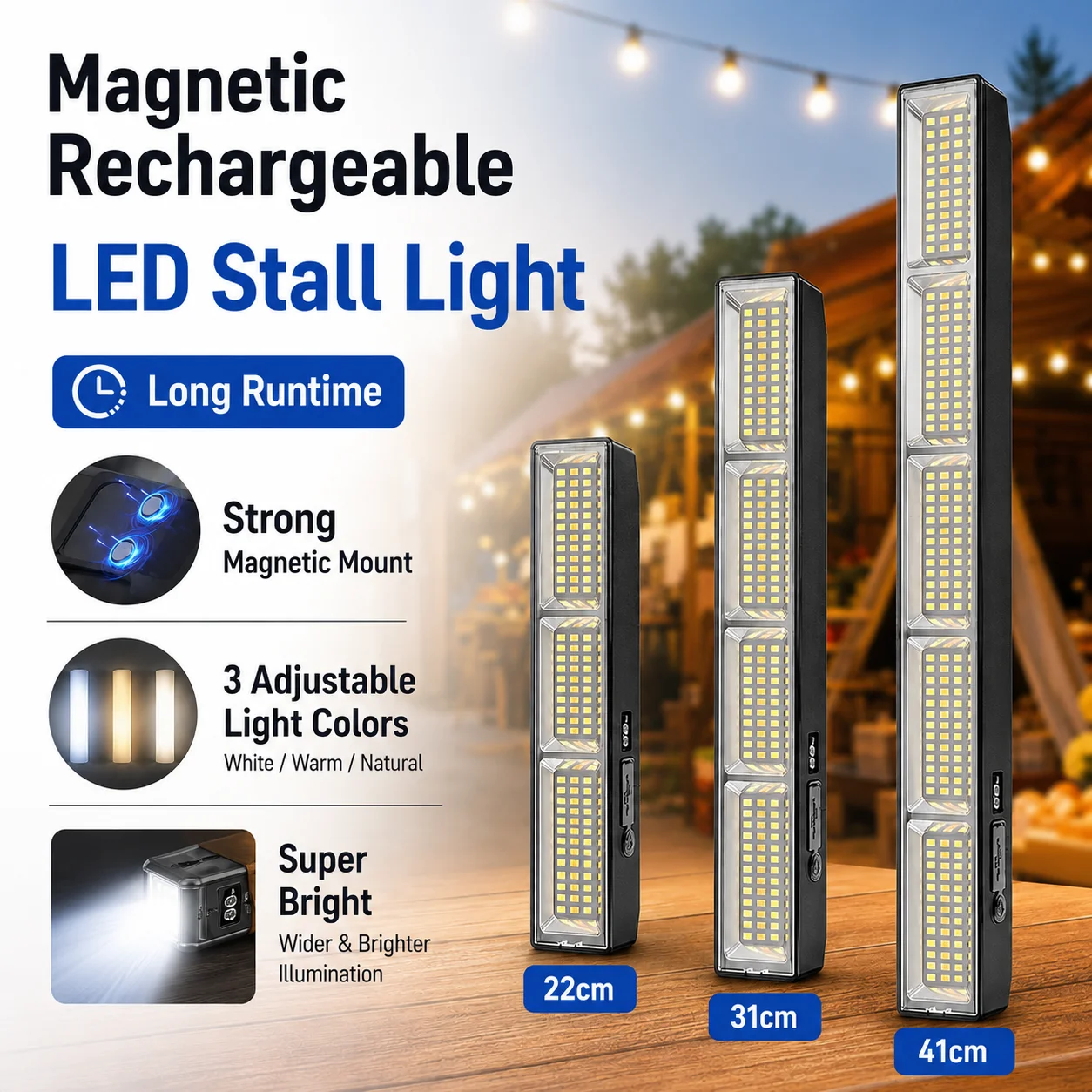 22/31/41cm Magnetic LED Work Light Bar USB‑C Rechargeable Emergency Light 3‑Color Light Waterproof Lamp for Camping Street Stall