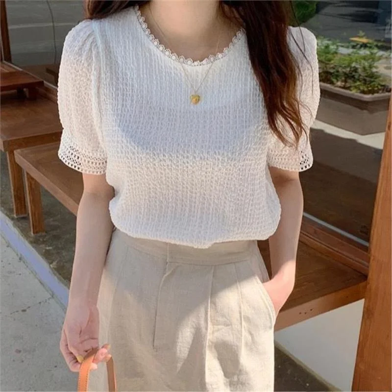 Été nouveau Chic femmes bulle Sve haut dentelle évider plié blanc irt doux Sle V Ne t-shirt fibre d'acétate 00%