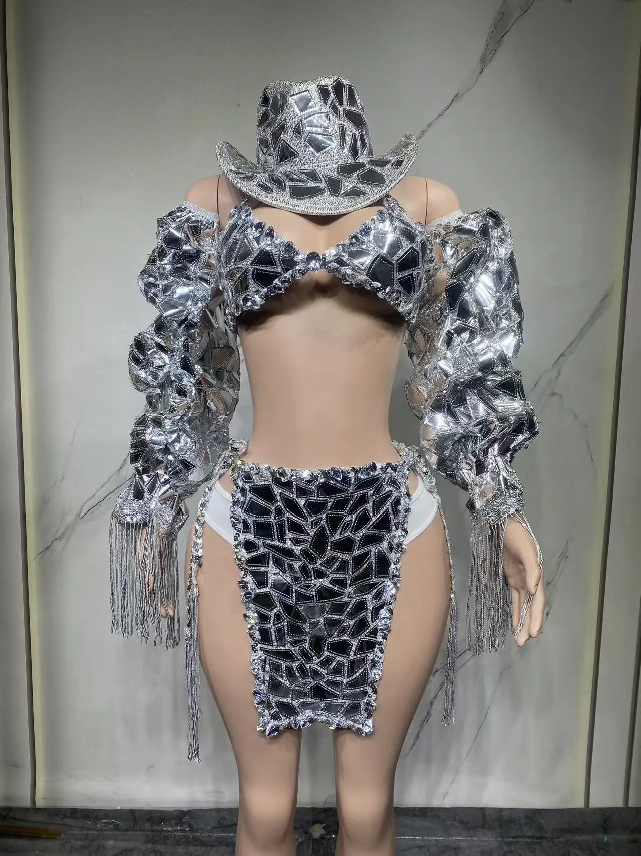 Sexy Shining Silver Laser Glitter Bubble SleevesBirthday Celebrate Lacing Outfit Party CostumeDancer Performance Show Suit