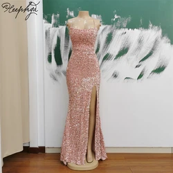 Sexy Mermaid Long Dress Evening Backless Spaghetti Straps High Split Pink Sequin Women Formal Gowns For Wedding Party In Stock