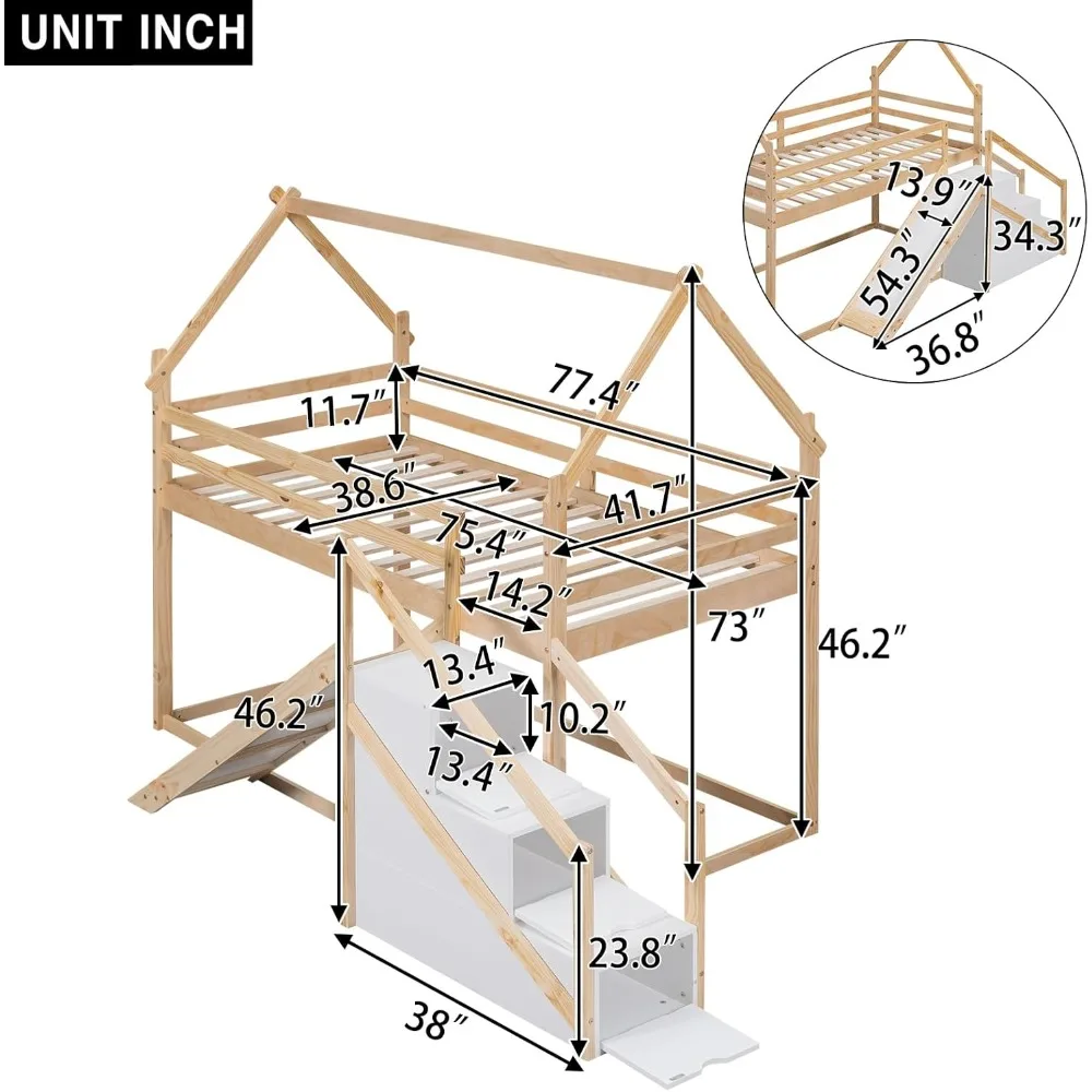 Tempat tidur susun kembar atas dengan perosotan dan tangga, rangka tempat tidur kayu loteng/bangku dengan penyimpanan untuk anak-anak remaja anak laki-laki perempuan, (Natural)