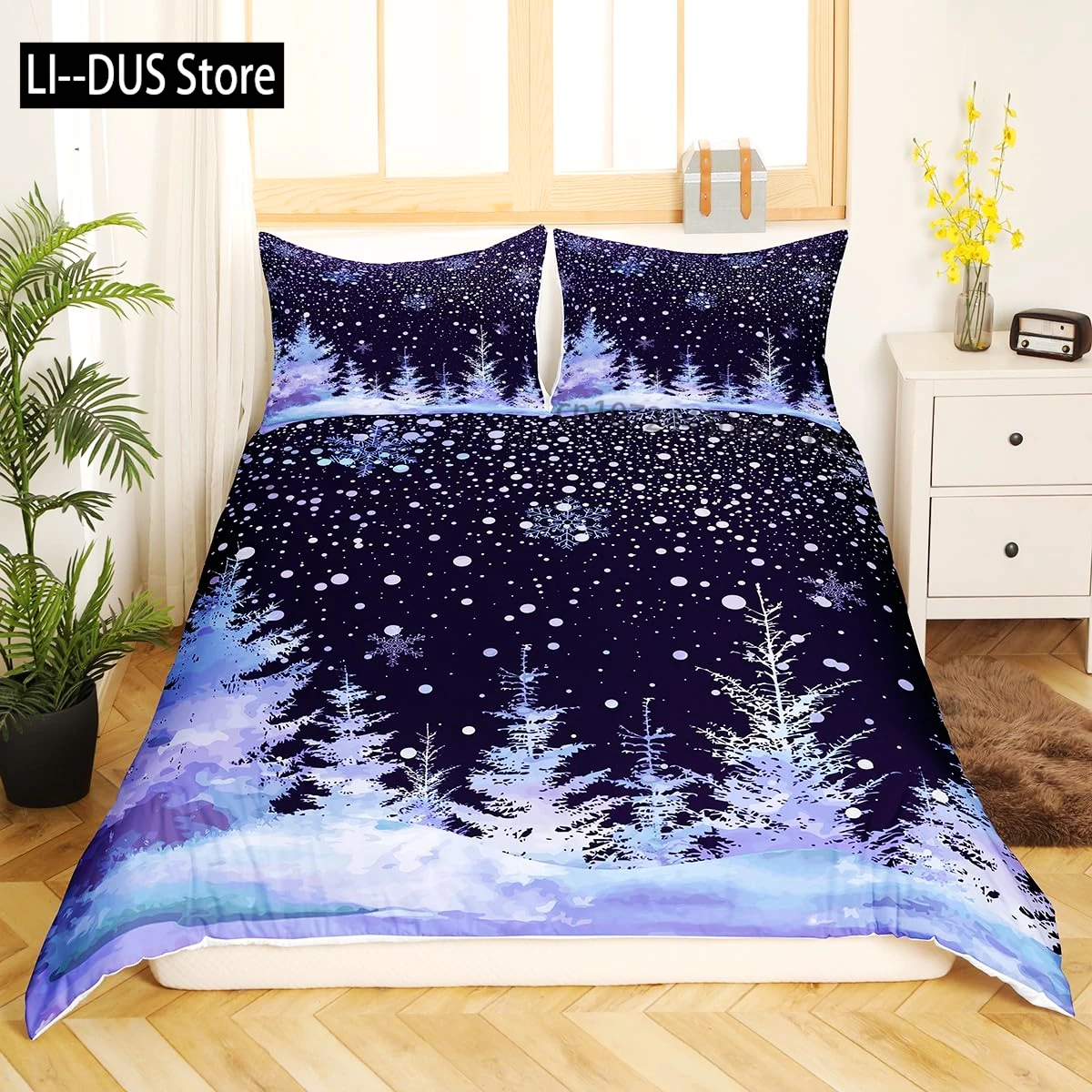 Winter Duvet Cover Set, Various Different Snowflakes, Decor 3 Piece Bedding Set with 2 Pillow Shams, Full King Queen Twin Size